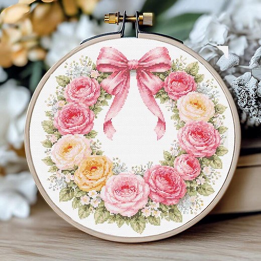 Floral Rose Wreath Cross Stitch Pattern PDF – Romantic Flowers With Bow, Counted Cross Stitch, Floral Embroidery Design, Gift for Mom - Etsy
