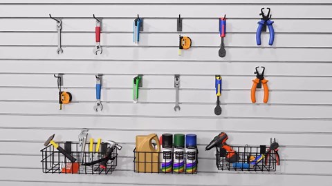 Slatwall Accessories Kit with Multi-Sized Slatwall Baskets and Slat Wall Hooks (15 Pack)