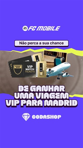Codashop Brasil (oficial) on Instagram: "O tempo está correndo! Não perca a chance de garantir dois ingressos para Madrid de graça e viver o futebol como nunca antes. 🏟️⚽ Você está dentro? Participe da promoção seguindo estas etapas: ⚽ Acesse a EA FC™ Mobile Webstore ⚽ Faça login na sua conta EA FC™ Mobile ⚽ Vá até a aba “Free Gifts”, insira seu e-mail e clique em “Participar” para garantir sua entrada gratuita Visite a EA SPORTS FC™ Mobile Webstore hoje mesmo! #EASPORTSFCMobile #Madrid * Aplic