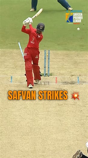 Baroda Premier League on Instagram: "𝗕𝗢𝗪𝗟𝗘𝗗 𝗛𝗜𝗠! 🫣 Safvan Patel sent the stumps and the batter on a flight with that fiery delivery! ✈️💣 #AapnuMedaanChhe #BPL2025"