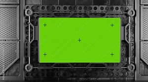 Cyberpunk billboard with crosses for motion tracking. Billboard in futuristic hangar. Grunge, concrete. Sci-fi blank billboard with green screen. Futuristic blank white billboard mockup.