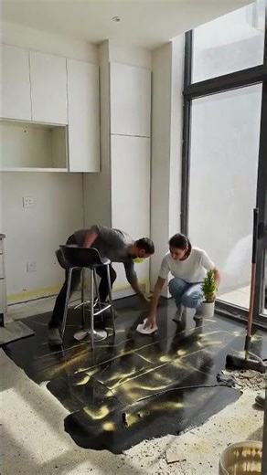 Luxury Epoxy Floor Transformation 🤯 Black & Gold Kitchen Makeover Timelapse #beforeafter #transform