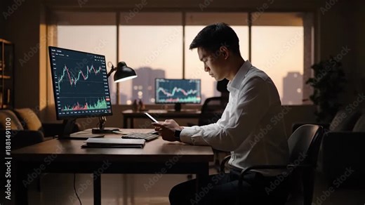 Asian Trader Analyzes Stock Data on Multiple Screens, Using Phone in an Office.