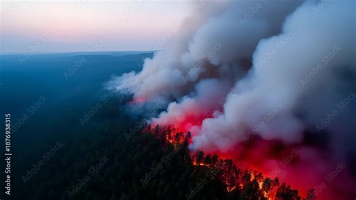 high-resolution aerial photograph capturing a large-scale forest wildfire spreading across dense woodland. Bright red flames appear along the advancing fire line, burning through 4K