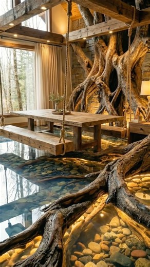 Absolutely stunning rustic dining room with tree root floor