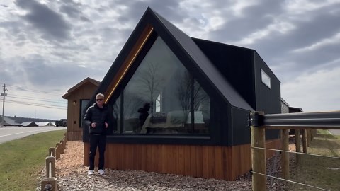 Inside the 400 square foot prefab cabin with a bold signature look!