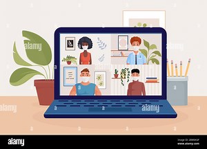 People on laptop screen talking with friends or colleagues vector flat cartoon illustration. Video conference, remote work during self isolation and quarantine. Stay and work at home concept Stock Vector Image & Art - Alamy