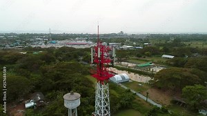 Telecommunication GSM (5G,4G) tower. Antenna and Development of communication systems in urban areas. Digital wireless connection system technology. Cellular telephone network tower.