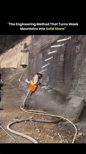 Aero Universal on Instagram: "Engineers aren’t carving these mountains down — they’re rebuilding them layer by layer using artificial rock engineering. This technique is known as slope reinforcement with artificial rock layering. Instead of cutting into unstable mountainsides, engineers apply high-pressure concrete over steel mesh anchored deep into the slope. The concrete is sprayed in controlled layers, mimicking the thickness, texture, and load behavior of natural rock strata. Each layer bond