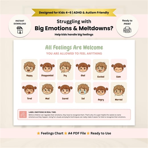 Feelings Chart Printable for Kids, ADHD Emotion Visual, Autism Support Tool, Calm Behavior Guide - Etsy