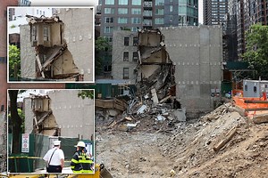 Manhattan building COLLAPSES sending rubble tumbling onto construction site