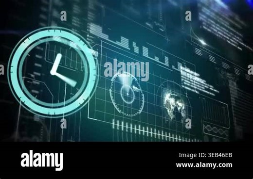 Animation of neon ticking clock over interface with data processing against blue background. Computer interface and business technology concept Stock Video Footage - Alamy