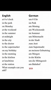 ✨ Time & Place in German made super easy! From um 8 Uhr to in der Küche — these small phrases help you speak naturally like a real German speaker! 🇩🇪🔥 I added one more useful example: am Abend (in the evening). Now you tell me… What example can YOU add? 👇💬 Let’s learn together! 💛📘 #learngerman #deutschlernen #germanvocabulary #germanphrases #germangrammar #deutschesprache #sprachlernen #germanlearning #germannotes #studywithme #germanforbeginners #dailygerman #germanwords #germanprep #a1g