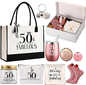 11 Pcs 50TH Birthday Gifts Sets for Her Include Tote Bag Makeup Bag Ring Tray Wine Tumbler Scented Candle Keychain Socks for Women Mom Wife Sister Coworker Happy 50 Birthday Valentines Gifts