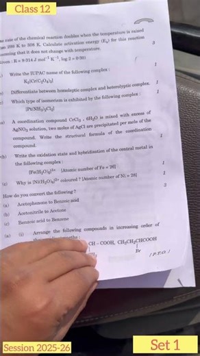 CBSE class 12 Chemistry question paper set 1 session 2025-26