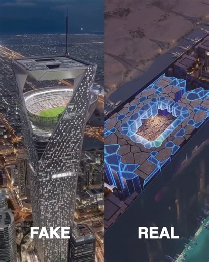 The B1M on Instagram: "Despite widespread coverage in the news and across social media, The B1M understands that Saudi Arabia’s “Sky Stadium” (left) is in fact an AI-generated fake proposal. The actual “NEOM Stadium” (right) has been officially announced and is proposed to be constructed on top of phase one of The LINE. If successfully completed the 46,000-seat venue is due to host matches at the 2034 FIFA World Cup. The LINE is a 200-metre wide, 500-metre tall mirrored linear city currently und