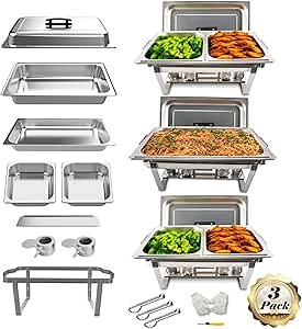 3 Pack 8QT Rectangular Chafing Dish Buffet Set Stainless Steel Catering Chafers Food Warmer with Full,Half Food Pan,Fuel Holder,Foldable Frame For Weddings/Parties/Banquets Events