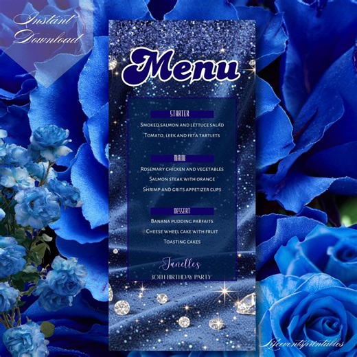 Printable Birthday Party Menu Template Blue, Silver Editable Menu Card, Diamonds Dinner Table Menu Download - Etsy