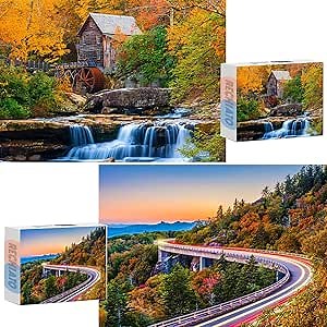 2 Pack 1000 Pieces for Jigsaw Puzzles for Adults, Fall Autumn Nature Landscape Scene Challenging Puzzle Perfect for Family Activity Game Nights Gifts(Glade Creek Gristmill & Blue Ridge Parkway)