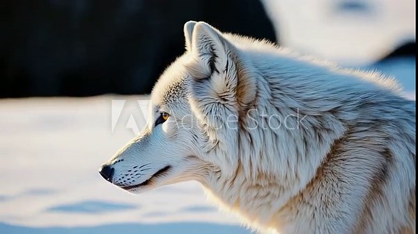 Arctic wolf portrait in snowy tundra, focused and alert with piercing yellow eyes, fur tinted Cloud Dancer trend color. Color of the Year 2026. Cloud Dancer