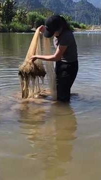 Diep's fishing skills, using traditional primitive tool to catch carp in a large stream.
