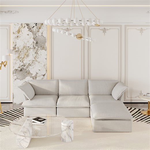 The Magic Home 122" Modular Sectional Sofa with Movable Ottoman, L Shaped Cloud Couch for Living Room, 3-Seat, Beige Sofa