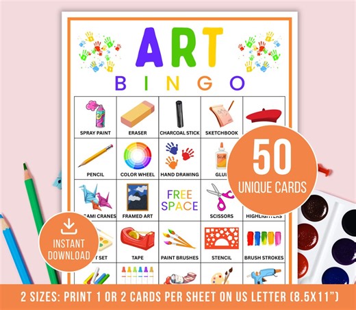 Art Bingo Cards, Printable Art bingo, Art Party Bingo Cards, Art Birthday Game, Classroom Activity for Kids, Instant Download