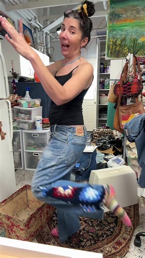 Stuff is everywhere. I’m tripping over everything. One sewing machine only wants to go in reverse now. Down to a vintage singer that requires me to thread through old school tension disks. But my serger works like a dream and I’ve been meaning to sew on crochet panels for years. #upcycling #croch #levis #whatnotseller #singersewingmachine