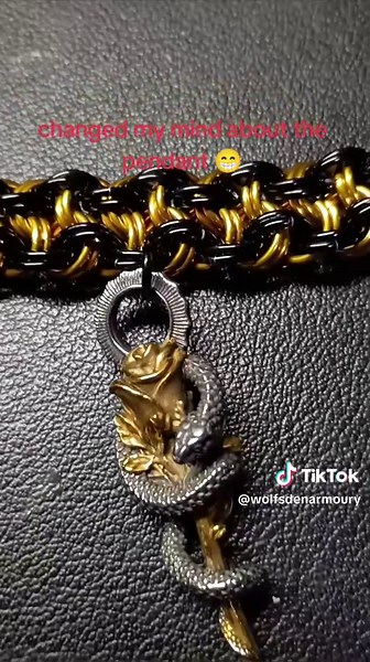 Fresh off the Bench! Striking and bold, this Kinged Vipera Berus necklace features a handwoven black and gold chainmail pattern with a regal, crowned look. Finished with a detailed serpent-and-rose pendant, it blends strength and elegance into one eye-catching statement piece. Perfect for lovers of artisan chainmail and symbolic jewelry. only $85 plus shipping! #chainmailleartisan #fyp #chainmaillejewelry #handmadegifts #valentinesday