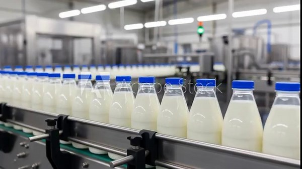Automated factory milk production process of modern dairy processing, quality control, and packaging with robotic precision in a high-tech facility.