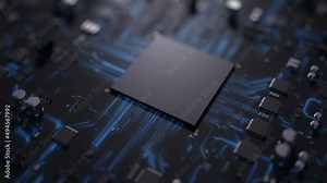 Central processor on a printed circuit board dynamic 3d animation . concept of technology and computer engineering