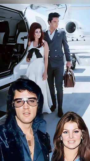 Elvis & Priscilla on Private Jet✈️👑 Singer Elvis Presley peeks out from behind his wife, Priscilla Ann Beaulieu, as the couple sit in a chartered jet airplane after their wedding at the Aladdin Hotel in Las Vegas. | Rokza