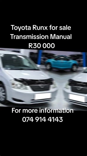Toyota Runx for sale Transmission Manual R30 000 Full service history Accident free Spare wheel available Spare key available No leaks Engine never been open start and go nothing to fix Call or app:074 914 4143 #Bookyourtestdrive #pre owner vehicle #BankRepoCars #AffordableCarsSA #nationwidelivery