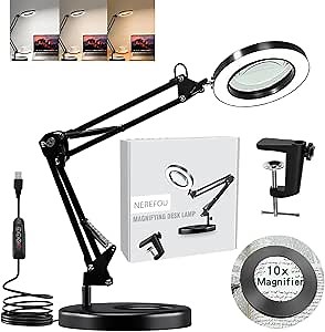 10X Magnifying Lamp with Light and Stand, 2-in-1 Desk Lamp with Clamp, 3 Color Modes, Close Work Magnifying Glasses (1st Generation Base & Clamp)