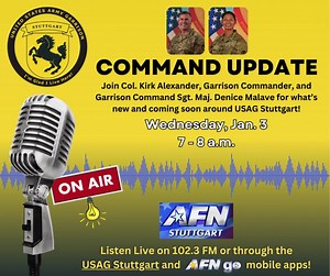 📻 LIVE from Robinson Barracks, it's the Command Update on AFN Stuttgart's Morning Shuffle! 📢 Col. Kirk Alexander and Command Sgt. Maj. Denice Malave will be back on air for their next Wednesday morning update on Jan. 3 from 7 - 8 a.m. They'll welcome us into the new year alongside 🚨 Lt. Col. Michael Zink, Director of Emergency Services, to share the latest in community happenings and announcements. 📰 | U.S. Army Garrison Stuttgart