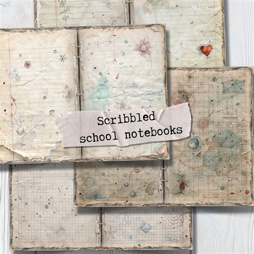 Grunge School Notebook Pages, Aged Lined and Grid Sheets With Childish Scribbles, Pencil Doodles, Ink & Tea Stains, Watercolor Smudges Paper - Etsy