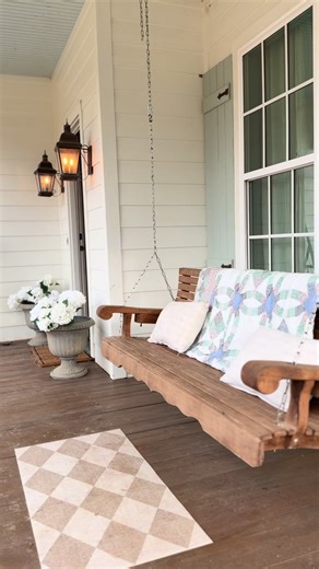 I was sweeping the front porch and had to stop and soak in how I’ve always wanted a front porch swing ever since I was little 🥹🥹 #cottagehouse #frontporch #porchswing #cottageporch #whitefarmhouse