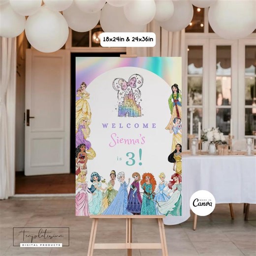 Princess Welcome Sign Pastel Girl Birthday Party Decor Any Age Editable Poster Canva Template - Etsy