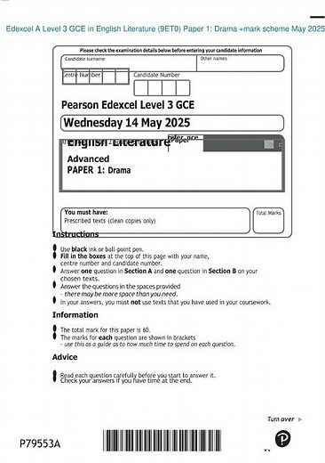 EDEXCEL A Level English Literature 9et0 Paper 1 Drama Exam Paper Mark Scheme May 2025
