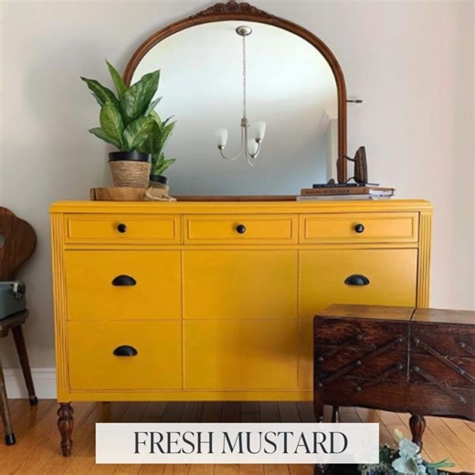 Here are just a few of our favorite projects painted in the color "Fresh Mustard"! Fresh Mustard is a striking and retro-inspired mustard yellow that adds a pop of bold color and personality to any space. This vibrant shade is reminiscent of the iconic designs of the mid-century modern era and is an excellent choice for adding a touch of nostalgia and vintage charm. Fresh Mustard works well with natural wood finishes, as well as dark colors like Liquorice or white accents like Simplicity for a b