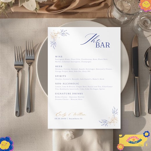 Signature Drink Menu, Wedding Bar Menu Template, Cocktail Menu, Blue, Gold, Luxury, Canva Templates - Etsy