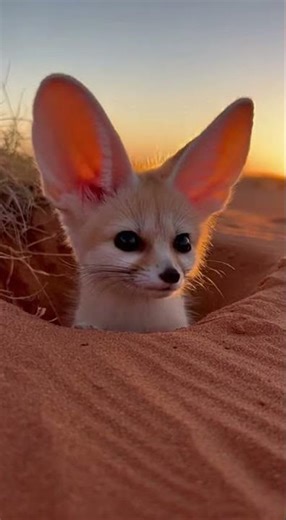 A baby fennec fox peeking out of a desert burrow at sunrise oversized ears twitching soft golden l