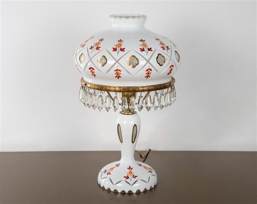 Vintage Bohemian Glass Table Lamp - Hand-cut With Red Decoration - Etsy