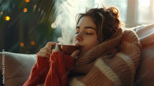 A cozy scene with a woman wrapped in blankets and sipping from a mug.