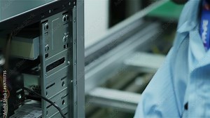 Worker Using An Electric Screwdriver While Installing Components Into Personal Computer. Close Up. 4K Resolution. Stock Video