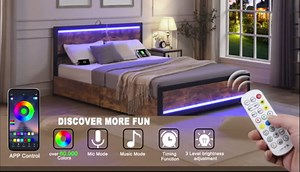 Ailisite Full Size Bed Frame with Storage and 4 Drawers, Rustic Bed Frame Full Size with Headboard and Charging Station and Led Lights, Wood Platform Bed Frame No Box Spring Needed, Noise Free, Brown