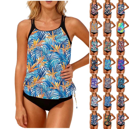 Spring Tankini Top with Briefs Hawaii Tank Tops with Briefs Two Piece Racerback Bathing Suit Summer Beach Swimwear with Shorts Blue Swimsuit Sets,Size S-2XL