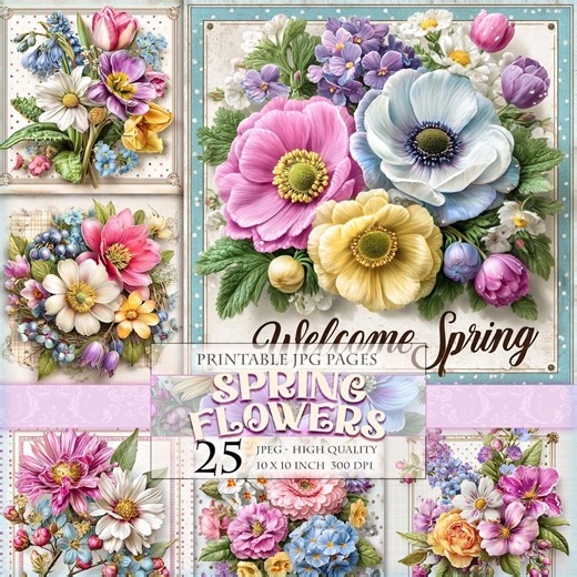 Spring Flowers Clipart Set, Printable 25 JPG Image, Rustic Wildflower Digital Painting Ephemera, Floral Arrangements Art (instant Download) - Etsy