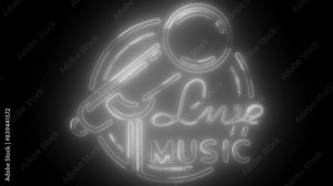 Music live neon sign. Glowing neon sign of big microphone. Live music letters glowing in retro colors. Cafe and bar concept.