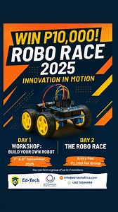 💸 P10,000 CASH PRIZE. That’s the challenge. That’s the reward. Forget textbooks — this is real-world innovation. Build your winning robot on Day 1, then on Day 2, put it to the test in ROBO RACE 2025: INNOVATION IN MOTION 🤖 for a chance to take home the massive P10K jackpot! You pay P1,200 per group to enter. You walk away with P10,000. Could you do the math? 🤑 🗓️ November 7th–8th, 2025 WhatsApp/ Call : 75546649 👉 Register now: https://forms.gle/R4oyuJ4TrGfhz5y9A 📍 Venue: Plot 10247/50, Br